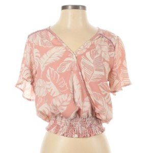 Pink Feather Tropic Leaf Print V Neck Wrap Blouse - Size M